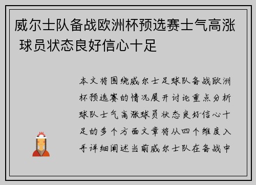 威尔士队备战欧洲杯预选赛士气高涨 球员状态良好信心十足
