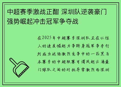 中超赛季激战正酣 深圳队逆袭豪门 强势崛起冲击冠军争夺战